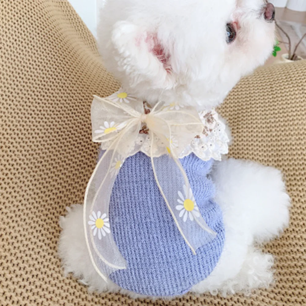

Pet Clothes Winter Autumn Warm Sweater Cat Sweet Bowknot Pullover Medium Small Dog Wool Coat Lace Flower Shirt Poodle Yorkshire