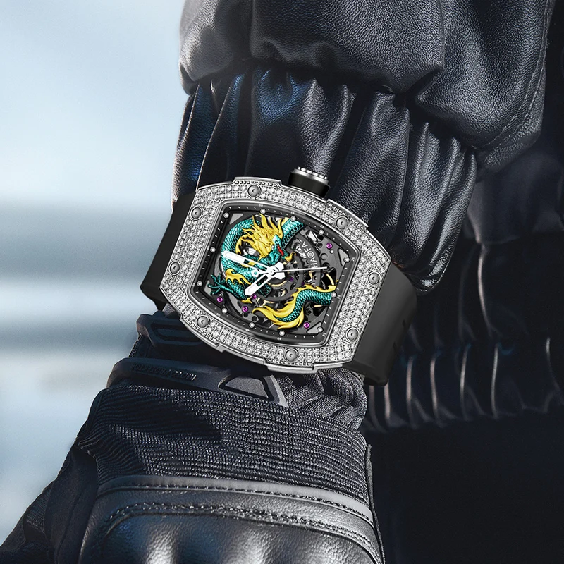 Фото Автоматические часы Haofa 3D Dragon Dial для мужчин, с бриллиантовым безелем, сапфировым стеклом, водонепроницаемые, с автоподзаводом, механические, светящиеся, 1968S №5