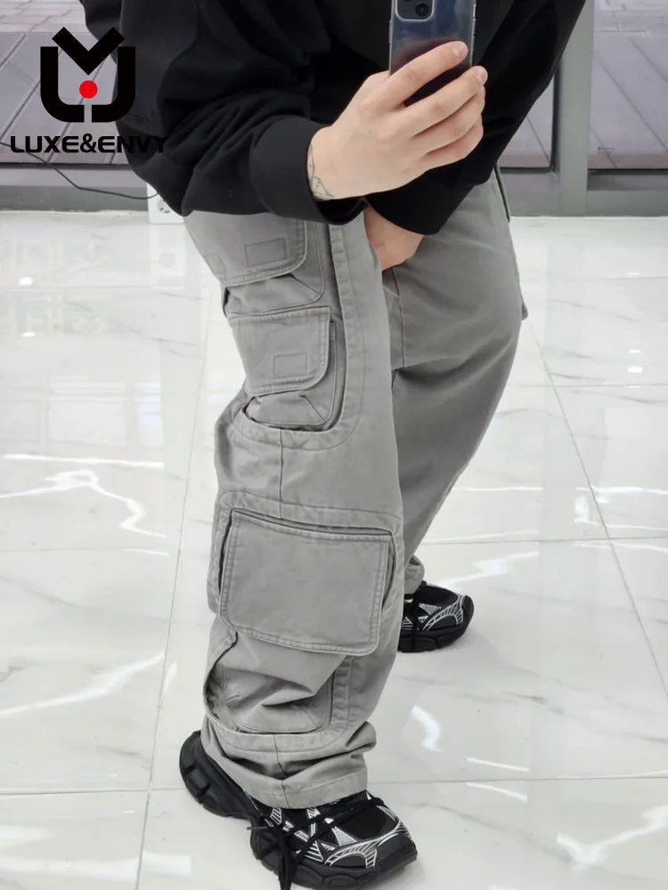 LUXE&ENVY Grey Function Niche Cargo Straight Tube Multi-pocket Long Pants Loose Men And Women Spring Summer 2023 New