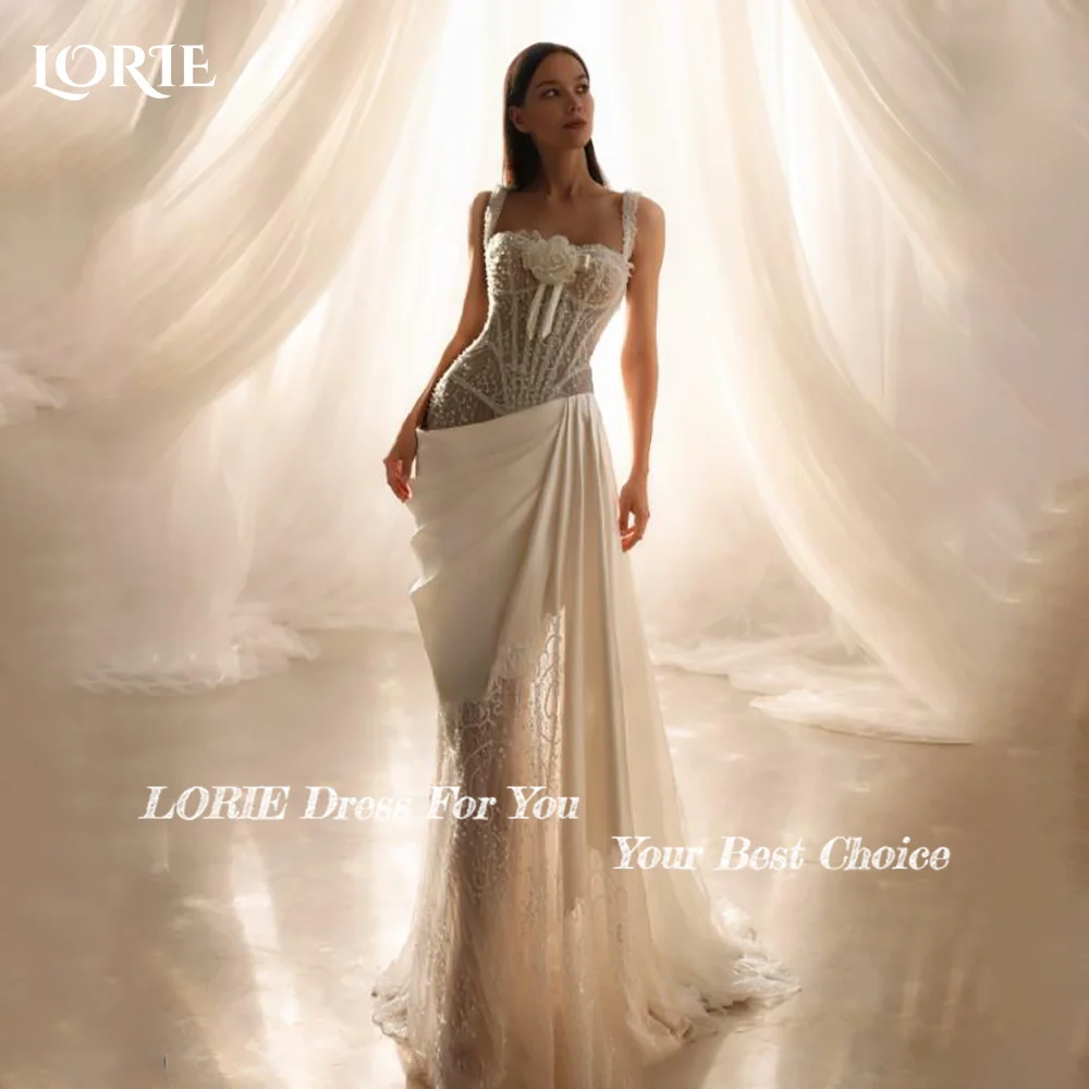 Винтажное свадебное платье LORIE из креп-кружева с тонкими бретелями, разрезом и плиссировкой, элегантное платье-русалка с иллюзией прозрачности, на заказ (art.: 3920d912866a3) - 3920d912866a3