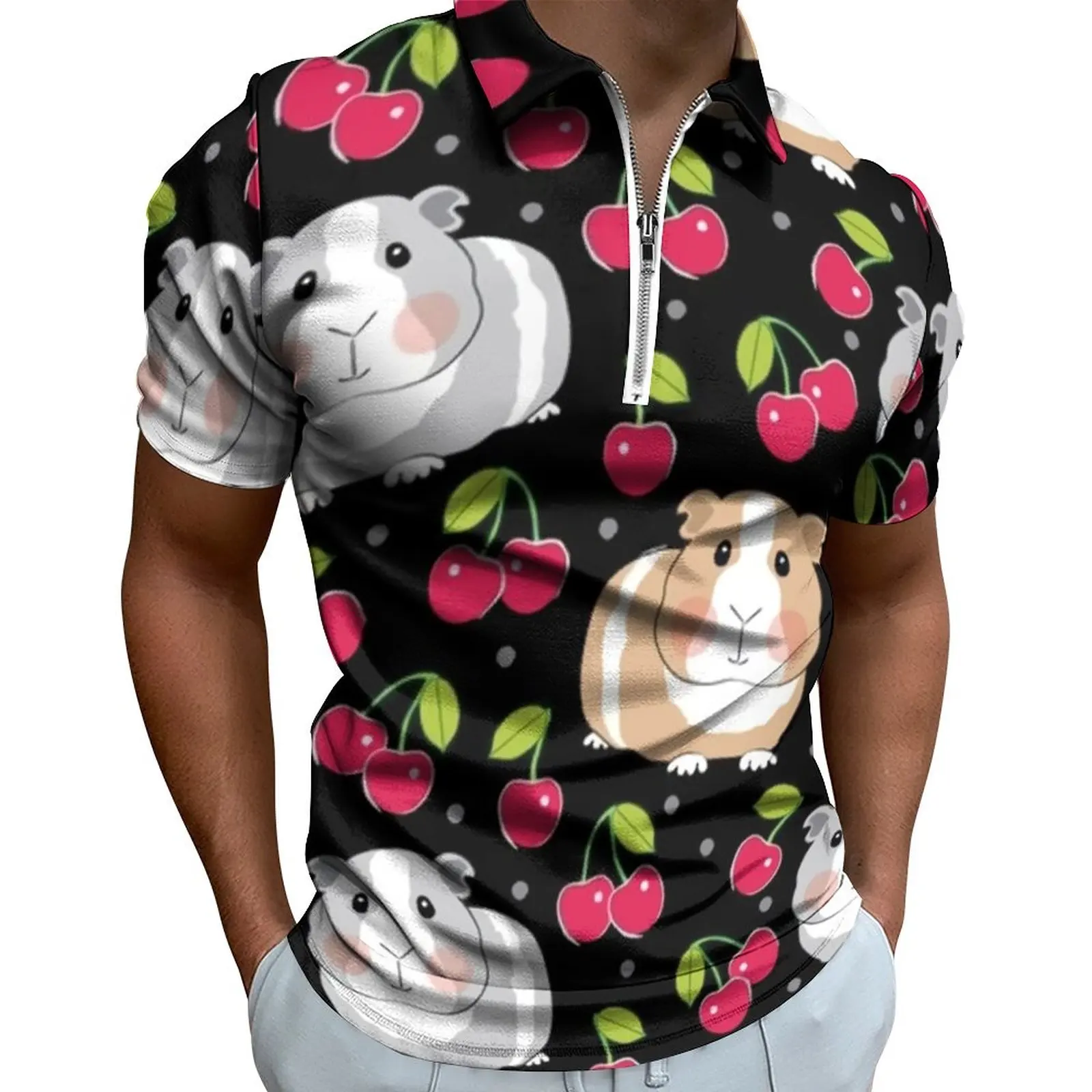 

Cherry Guinea Pig Casual T-Shirts Cute Animal Print Polo Shirts Fashion Shirt Beach Short Sleeve Graphic Top Large Size