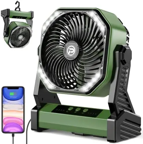 

Ventilador de camping con batería de 20000 mAh con linterna LED, ventilador recargable de 8 pulgadas con gancho para tienda de