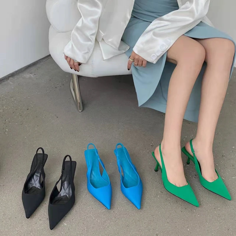 

Slingback Thin High Heels Sandals Women Pumps 2022 Summer Pointed Toe Blue Green Heels Mules Slip On Dress Party Shoes Women