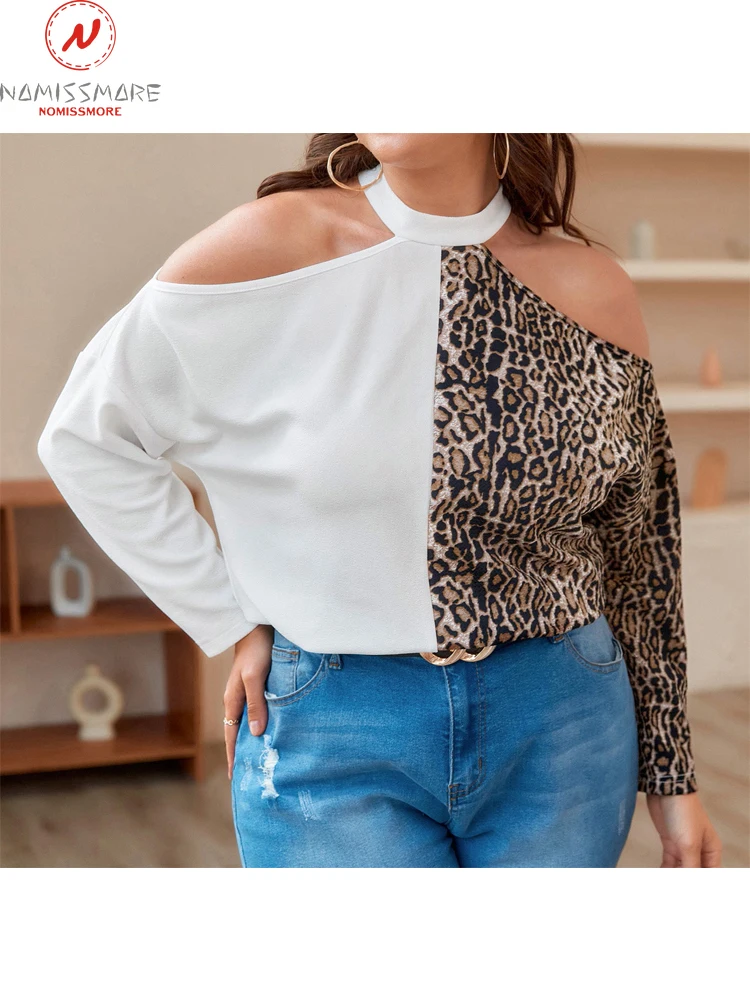 

Plus Size Streetwear Leopard Print Casual Loose T-Shirts Hollow Out Design Color Matching Halter Long Sleeve Pullovers Top