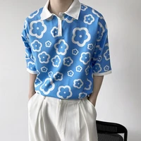 summer cotton blue flower t shirt men fashion print casual lapel t shirt men korean loose short sleeve t shirt mens polo shirt
