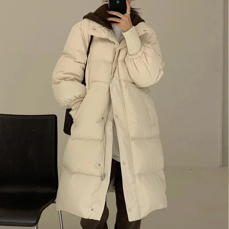 

Turn-down Collar Down jacket medium long 2022 New Korean over knee white duck down thickened winter coat snow / ski jacket women
