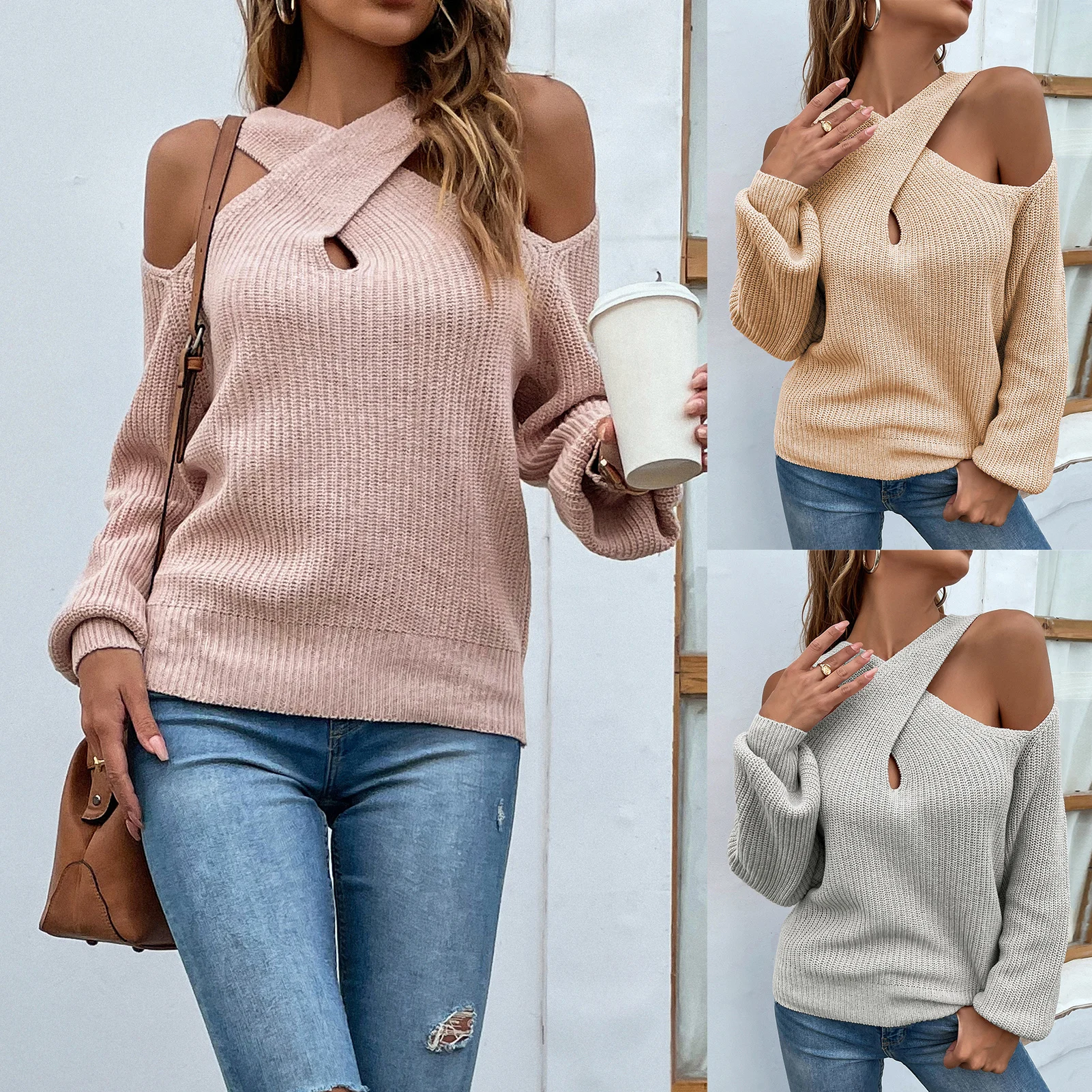 

Женский трикотажный пуловер с лямкой на шее, с открытыми плечами