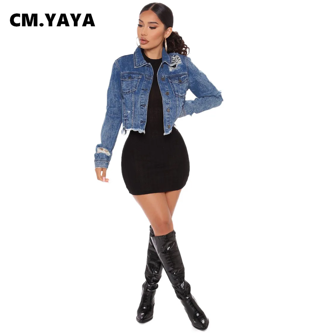 Женское джинсовое пальто CM.YAYA aumumn повседневное с длинными рукавами куртка