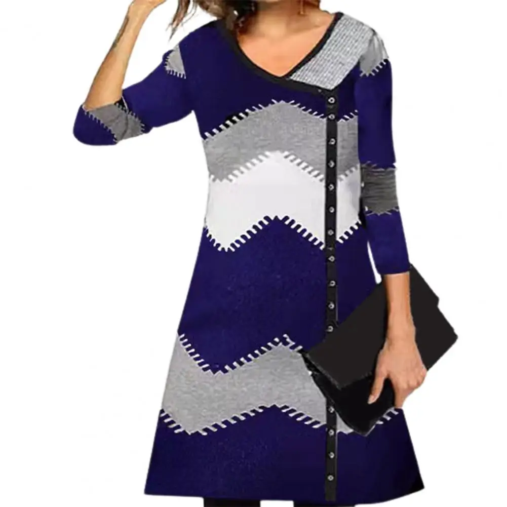 

Patchwork Casual Dress V Neck Loose Female Middle Dresses for Women 2022 Fashion Spring Dress Long Sleeve