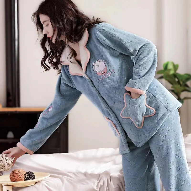 Winter Warm Pajamas Set For Women Flannel Homewear Coral Fleece Sleepwear 2 Piece/Set Nightgown Pijamas Mujer Home Wear