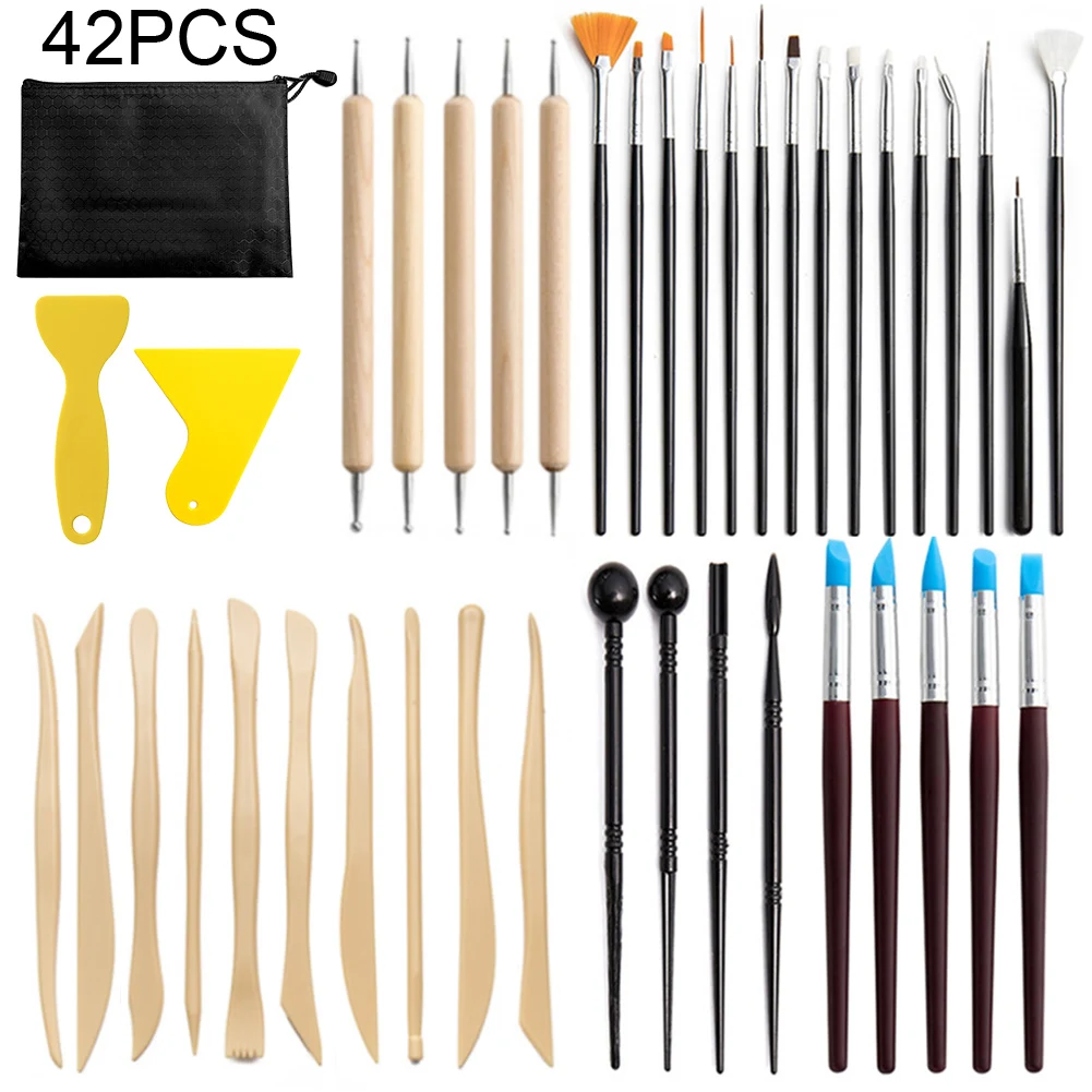 

42pcs/set Polymer Clay Tool Pottery Craft With Storage Bag Portable Professional Molding Carving Double Sided Dotting Shaping