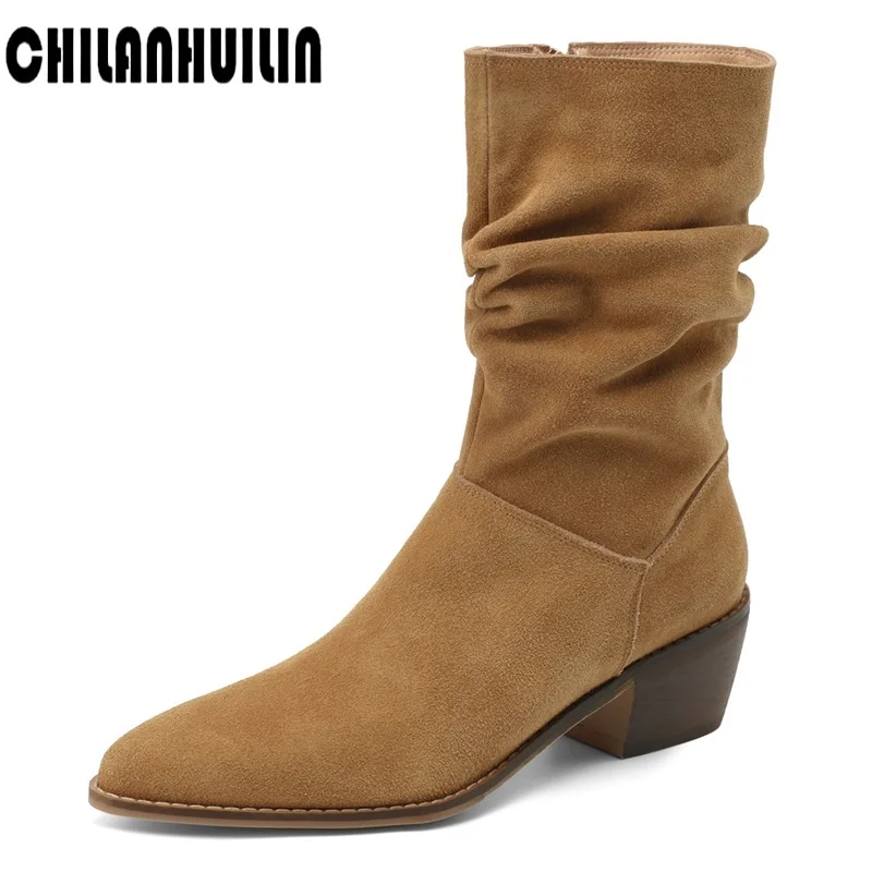 

Классические ботинки челси для женщин, замша из воловьей кожи, ботильоны на танкетке с острым носком, удобные ковбойские сапоги в ретро стиле, Осень-зима