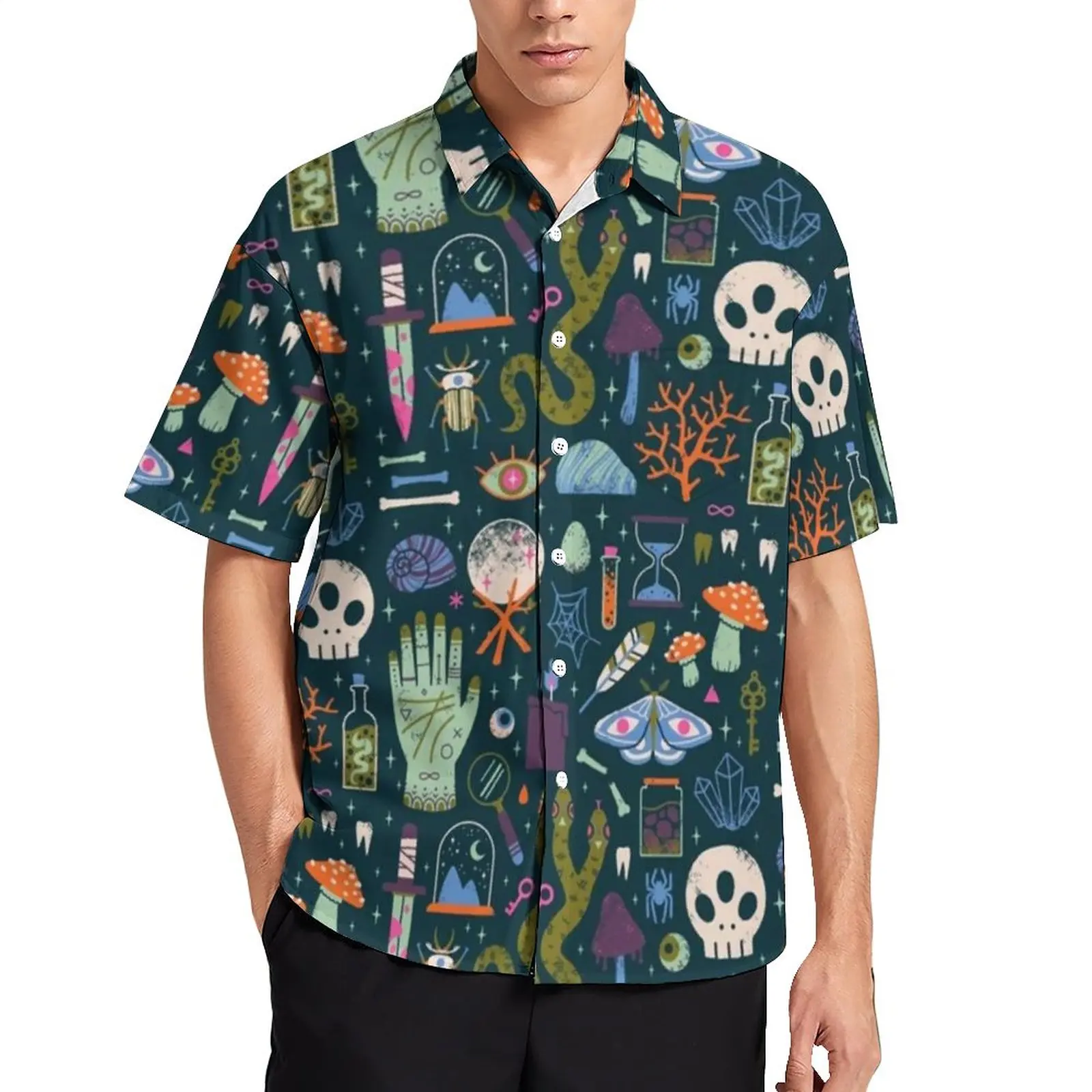 

Spell Skull Beach Shirt Cabinet Of Curiosities Spooky Halloween Hawaiian Casual Shirts Mens Y2K Blouses Custom Top Plus Size