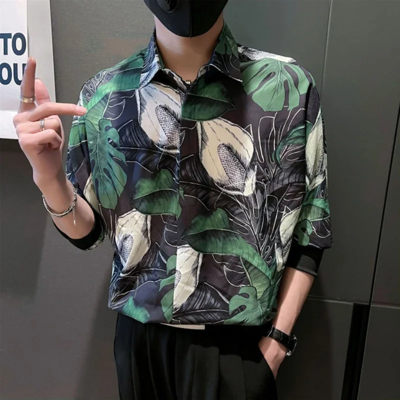 Flower Print Pullover Shirts Men Summer Half Sleeve Loose Casual Shirt Streetwear Social Party Camisas Para Hombre Men Clothing