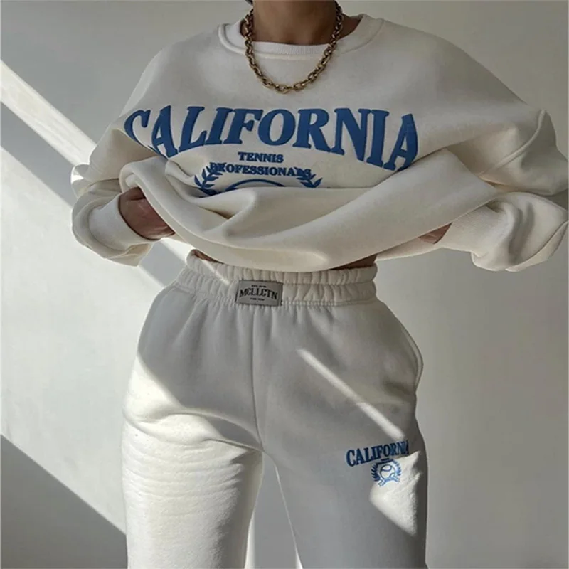 

Женский костюм с капюшоном и длинным рукавом, свободные штаны-карандаш в американском ретро-стиле с принтом Калифорнии и круглым вырезом