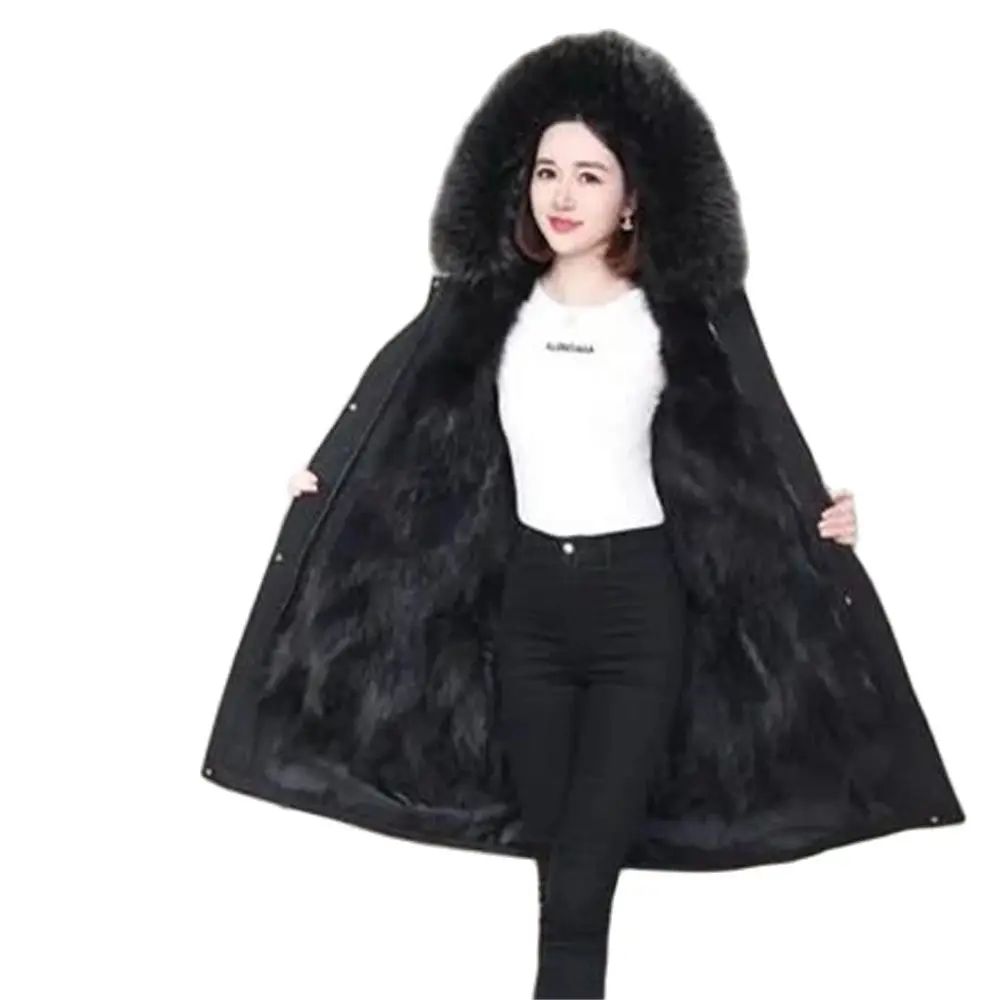 

Женское теплое пальто с капюшоном, зимнее толстое хлопковое пальто с искусственным мехом енота, 2024