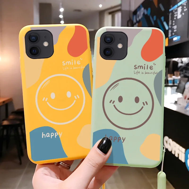 

Fashion Cute Smiley Phone case For iPhone 11 12 13 Pro Max 12 13 Mini X XR XS Max 6 7 8 Plus SE Send lanyard Soft Silicone Cover