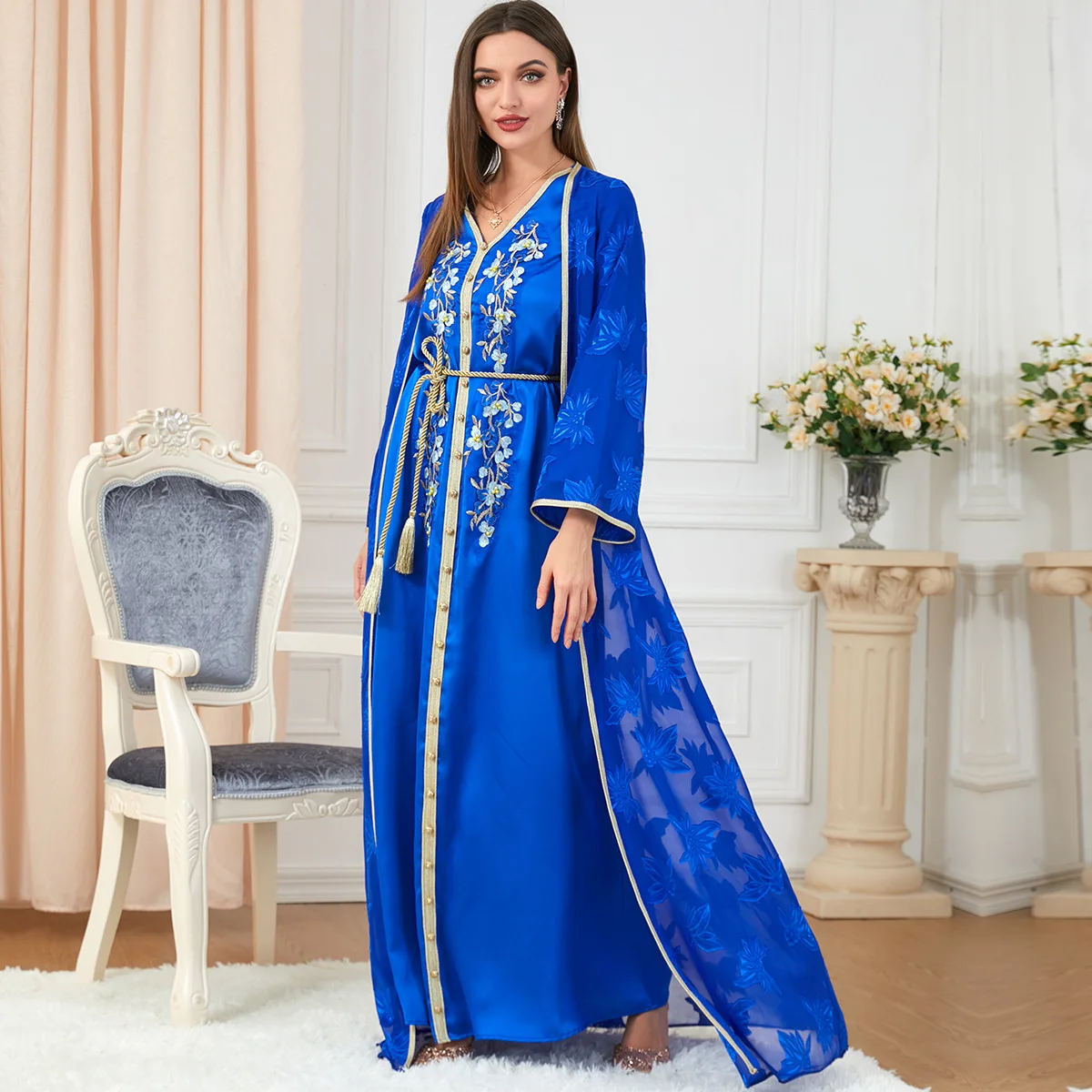Eid Ramadan Morocco Muslim Women Dress Abaya 2 Piece Set Kaftan V-Neck Maxi Long Sleeve Arabic Turkey Dubai Luxury Evening Robe