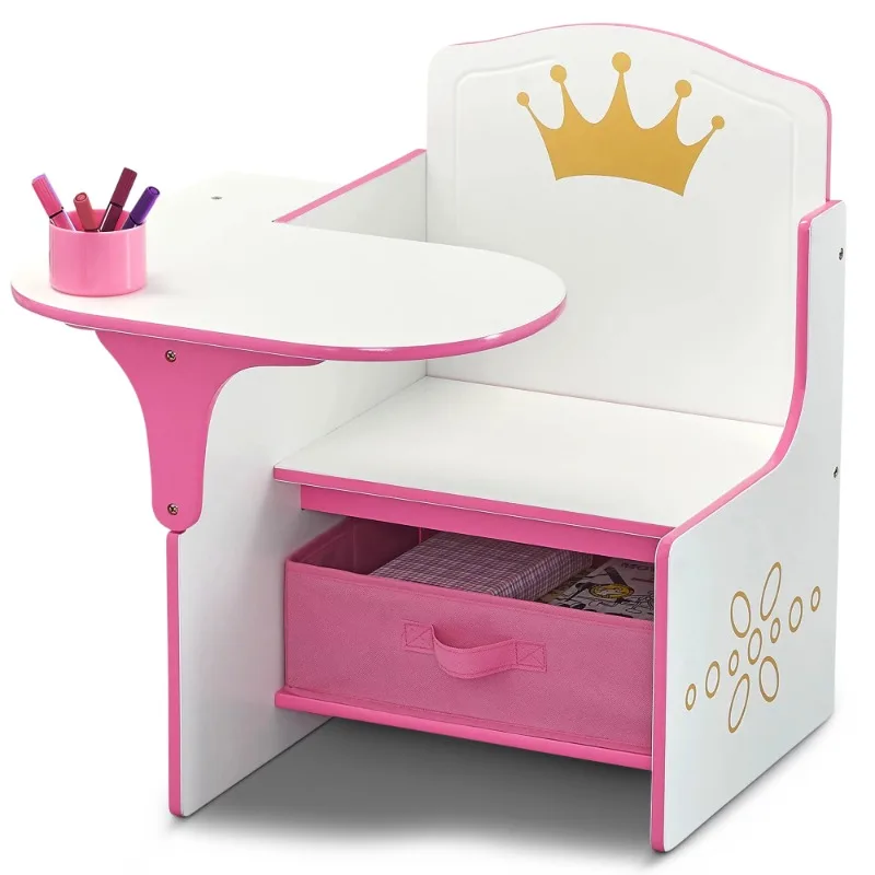 Children Princess Crown Task Chair Desk with Storage Bin