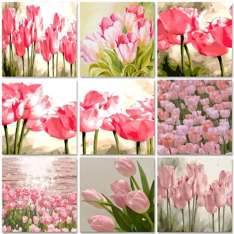 

GATYZTORY Pink Tulips Oil Paint By Numbers Diy Picture Acrylic Paints Flowers Oil Handpainted Gift Home Decoration Zero Basis