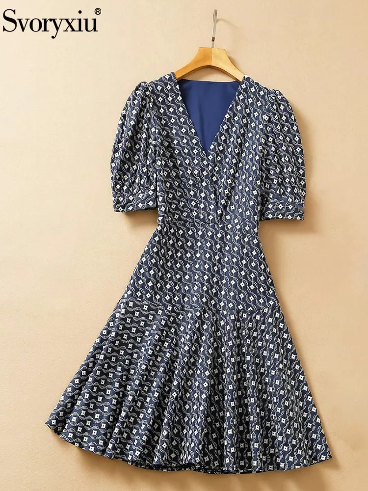 

Svoryxiu Fashion Designer Solid Short Dress Summer Women's Dress V-neck Denim Embroidery Vintage Lantern Sleeve Mini Dresses