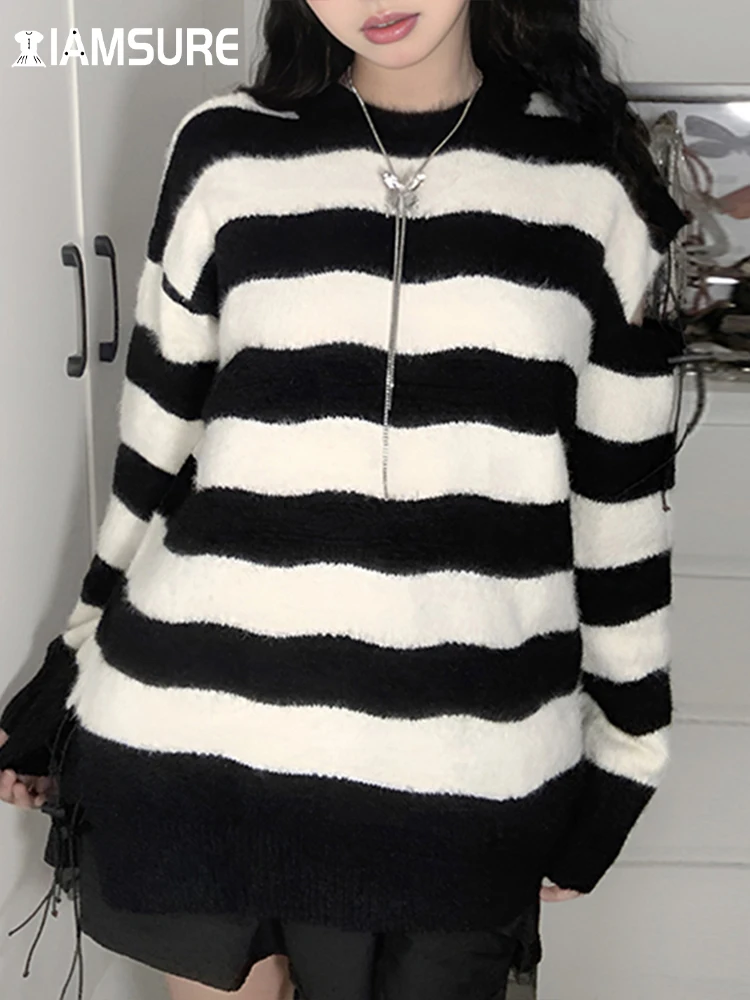 

IAMSURE Casual Streetwear Striped Hollow Out Knitted Pullovers Basic Loose O-Neck Long Sleeve Sweaters Women 2023 Autumn Winter