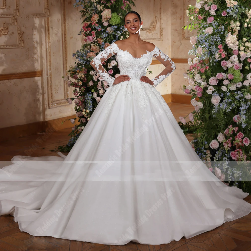 Фото Sweetheart Collar Women Wedding Dresses Popular Lace Decal Bridal Gowns Party Vestidos De Casamenro Linha A Brilhante Customized №1