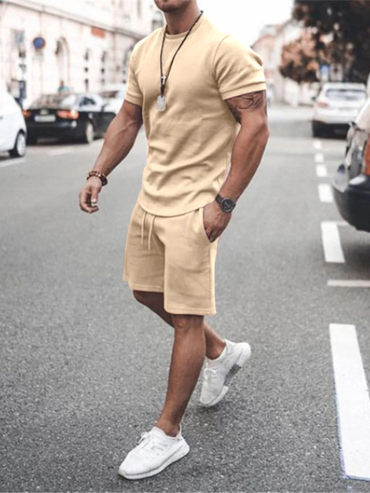 

2022 Summer Fashion Streetwear Sports Casual Men Tracksuit Solid Color Two Piece Sets O-Neck Tops And Drawstring Shorts Outfits