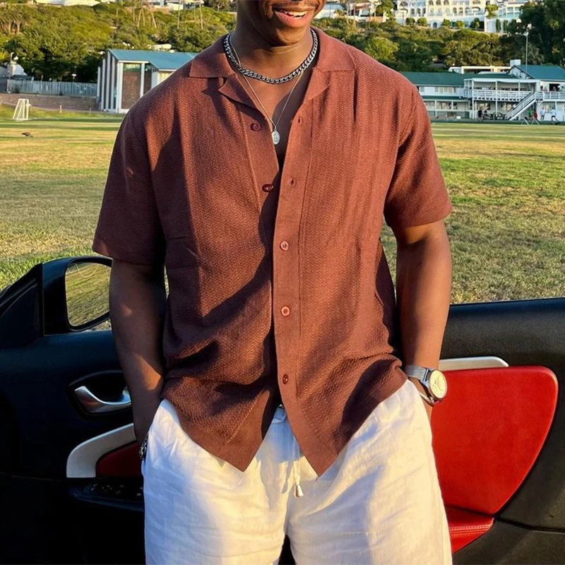 

2023 модная однотонная тонкая рубашка в рубчик на пуговицах, кардиган, Мужская футболка с коротким рукавом и отворотом, летние Вязаные Рубашки Поло, мужская одежда