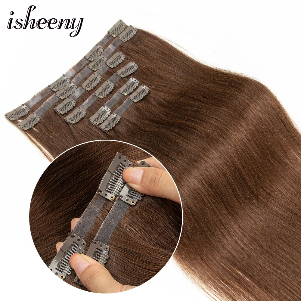 

Isheeny PU Clip in Human Hair Extensions 6pcs/set Natural Straight Invisible Brazilian Machine Remy Clip Hair 120g 14"-24"