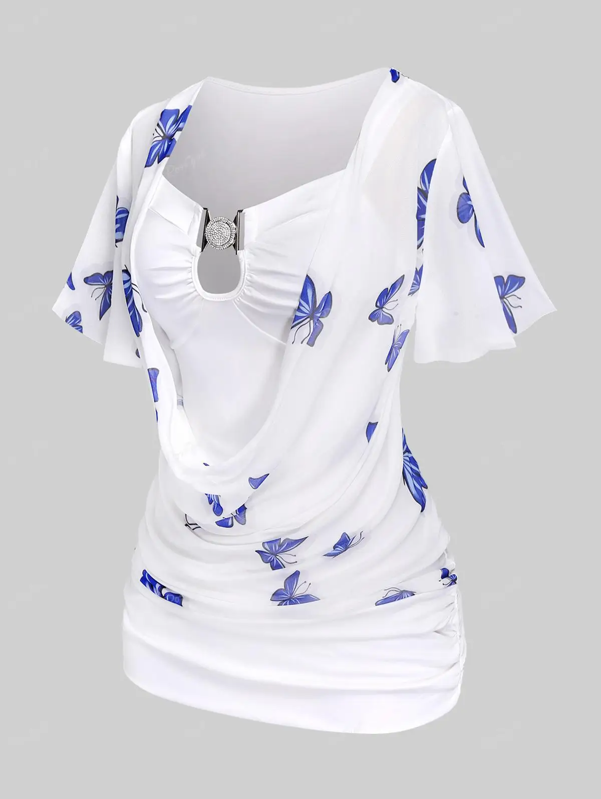 

ROSEGAL Women's Plus Size Tops White Butterfly Printed Buckle Keyhole Neck Ruched T-Shirt Female Spring,Summer Casual Tees