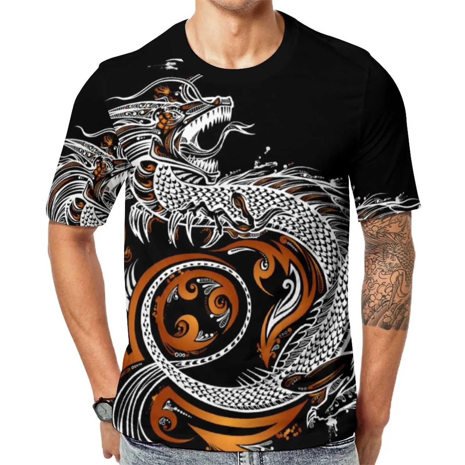 

Футболка с изображением азиатского дракона, Винтажные Футболки с художественным принтом и драконами, топы с коротким рукавом и графическим...