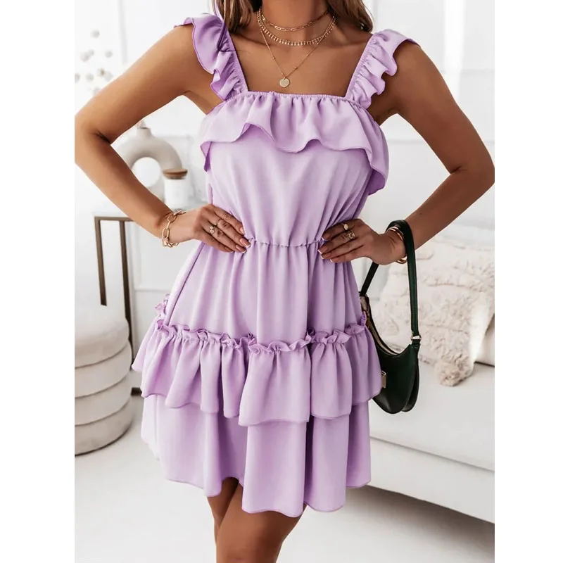 

Summer Elegant Dresses for Women Party A Line Ruffles Dress Fashion 2022 Sexy Sleeveless Beach Mini Dress Robes Vestidos 20516