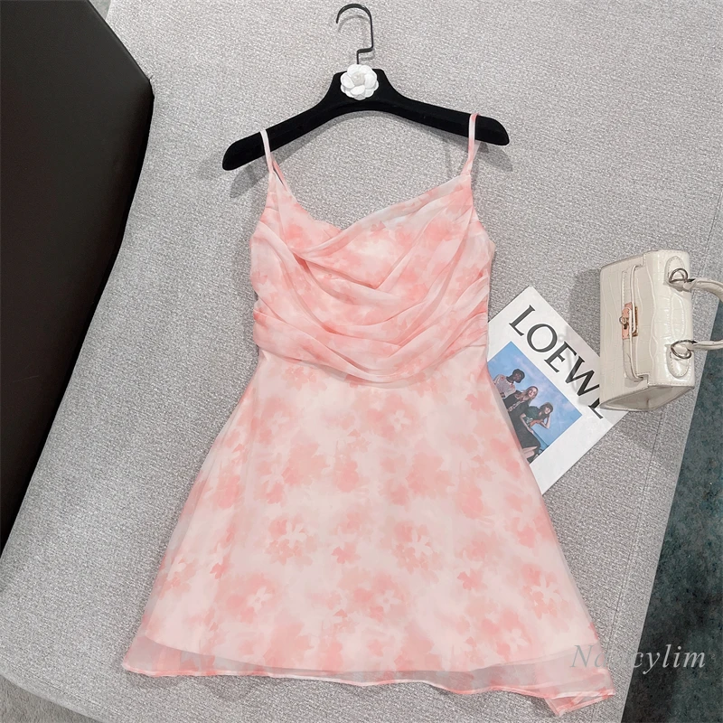 

2022 Summer New Woman Sexy Vacation Dress High Waist Trimming Printing Chiffon Suspender Dresses Lady Outfits