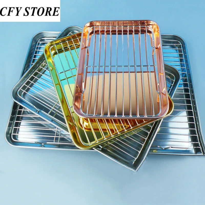 

Stainless Steel Rectangle Plate with Net Rack Restaurant Fish BBQ Fried Chicken Cooling Serving Plate Skewers Seafood Tableware