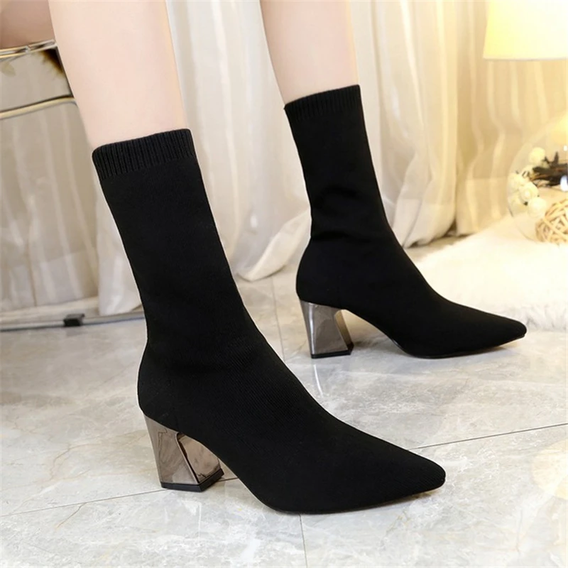 

Comemore Autumn Winter Fashion Knitted Stretch Boots Women Black Ankle Ankle Boots Women's Sexy High Heels Socks Boots Size 43