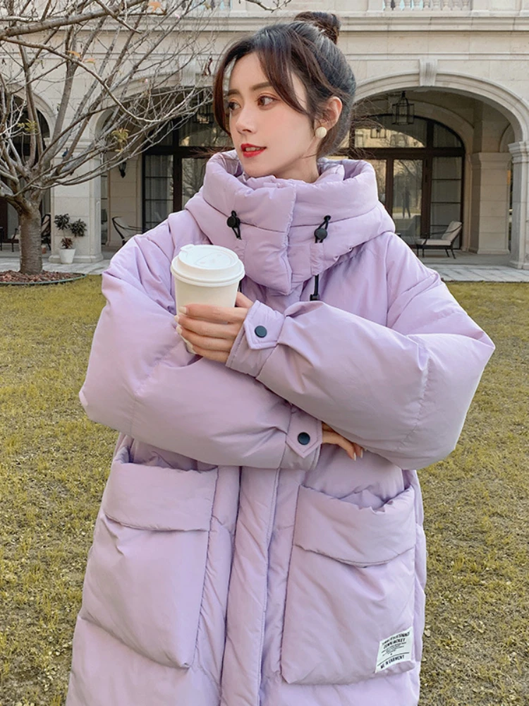 

2022 X-long Winter Jacket 90% White Duck Down Stand Collar Hooded Solid Big Pockets Warm Thick Outerwear Fashion New Streetwear