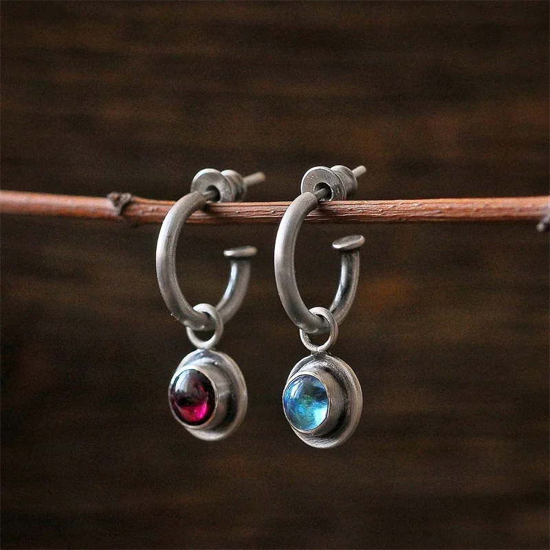 

European and American Fashion Simple Earrings, Round Colored Beads, Circles, Antique Silver Earrings, Old Vintage Jewelry