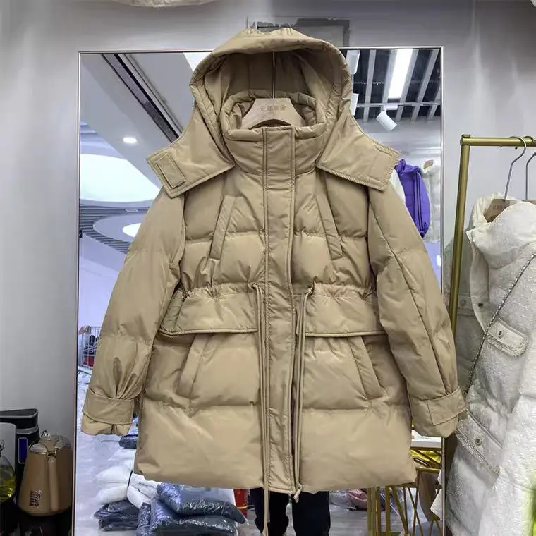 Winter Hooded Light Feather Short Jacket Women White Duck Down Warm Thicken Waist Fashion Soft Hot Sale Causal Overcoat L15