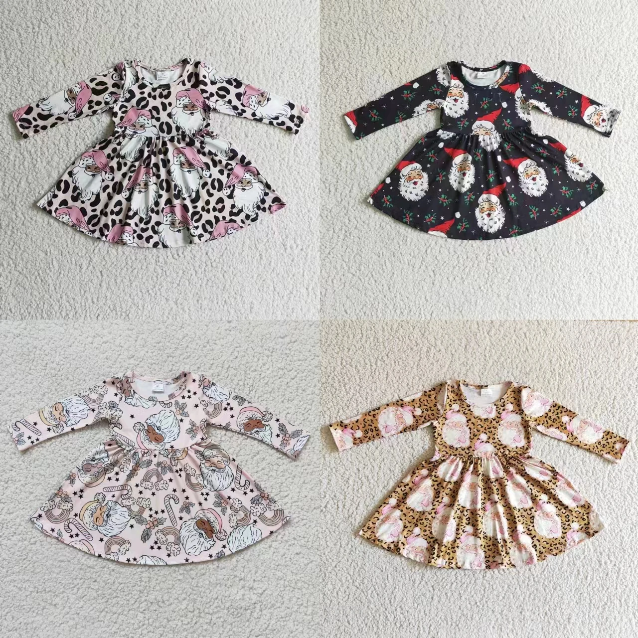 

Wholesale Toddler Long Sleeves Twirl Princess Dress Christmas Leopard Santa Clothing Children Baby Girl Kids Boutique Clothes