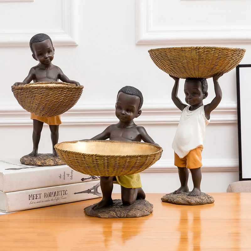 Abstract Character Sculpture Black Man Storage Basket Statue Resin Ornaments Modern Home Decorations Miniature Figurines Crafts