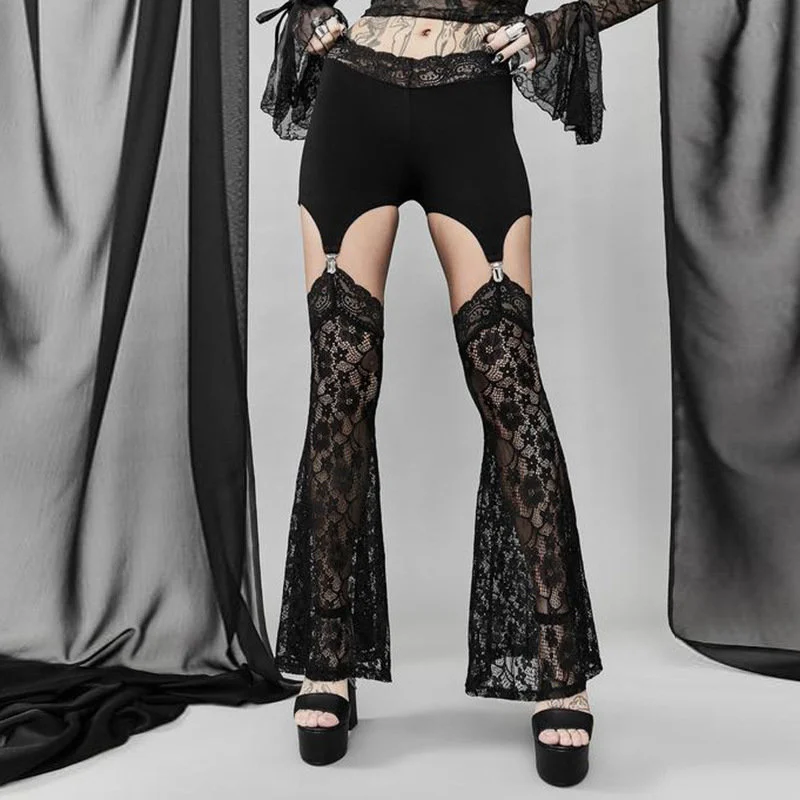 Gothic Pants for Wome Dark Sexy Perspective Lace Splicing Flare Pants Fashion Summer Pants Skin-friendly Female Clothing