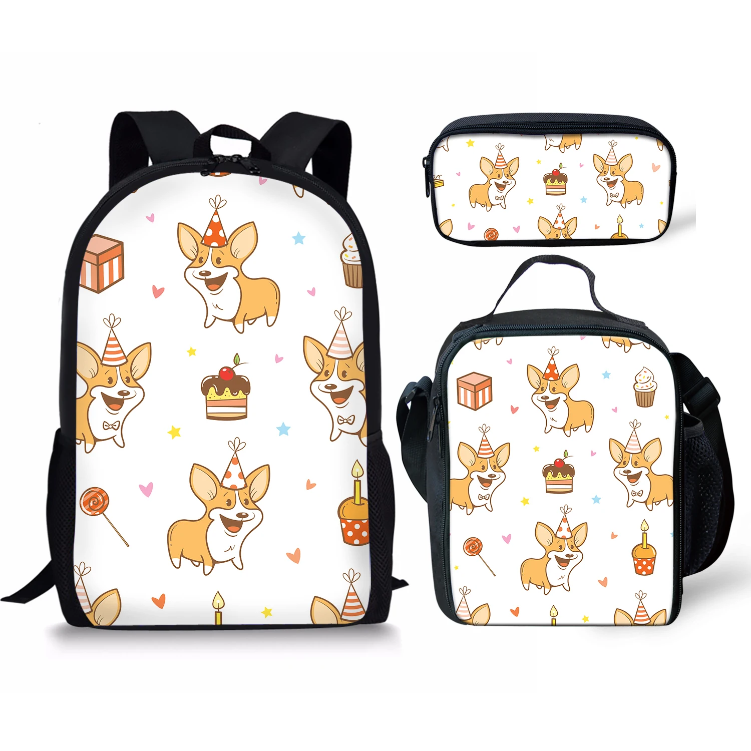 Cute Cartoon Dog Print 3pcs School Backpack Girls Boys Large Capacity Pencil&Lunch Book Bags Daily Student Satchel Free Shipping