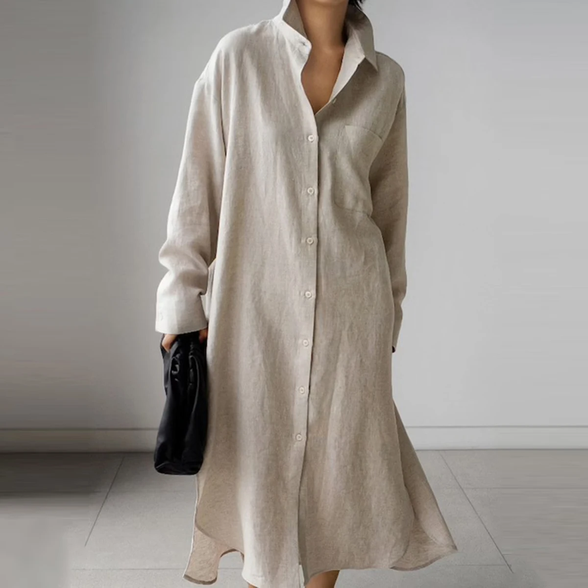 

Oshoplive 2022 Summer Female Casual Solid Color Fitness Urban Linen Split-Side Long Sleeve Buttoned Lapel Midi Dress for Women