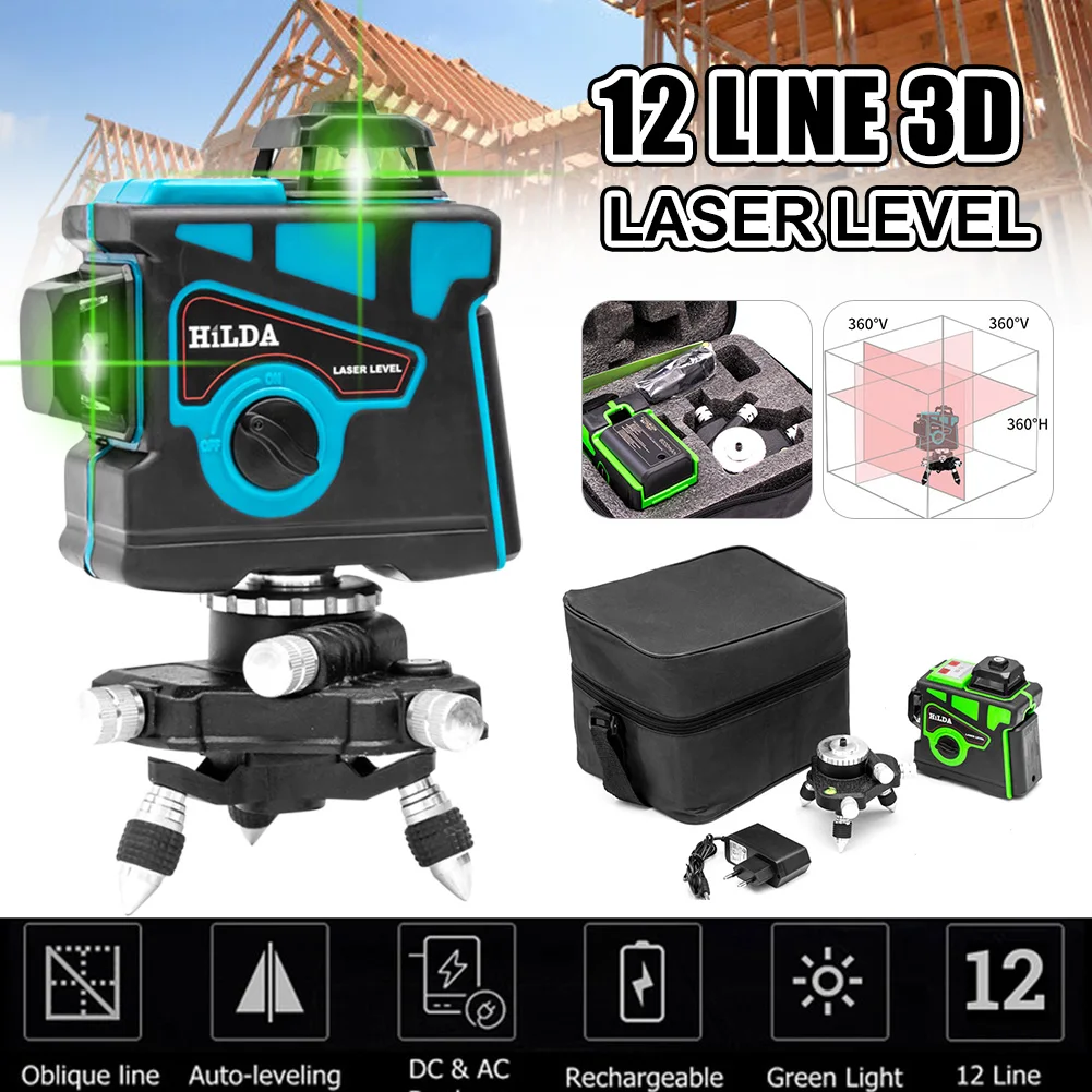 

NEW Laser Level 12 Lines 3x360° 3D Self-Leveling Rechargeable Laser Level with Base Horizontal & Vertical Cross Line Laser