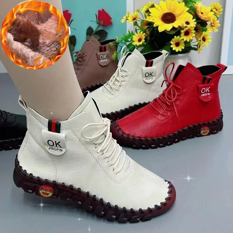

2023 Sneakers Women Cotton Shoes Thick-soled Lace Up Leather Flat Slip-On Spring Casual Mom Shoe Mujer Zapatos Chaussure Femme