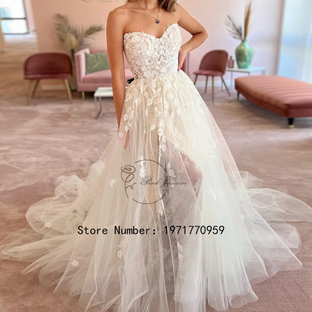 

Gorgerous Sexy Strapless Ivory Wedding Dresses For Women 2023 New Applique Elegant Lace Court Train Bridal Gowns With Soft Tulle