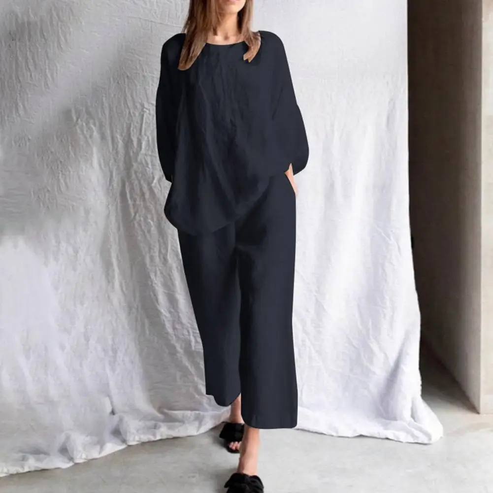 

Cotton Linen Trendy Loose Fit Straight Leg Pants Top Suit Washable Female Blouse Pants Suit Quick Dry Streetwear