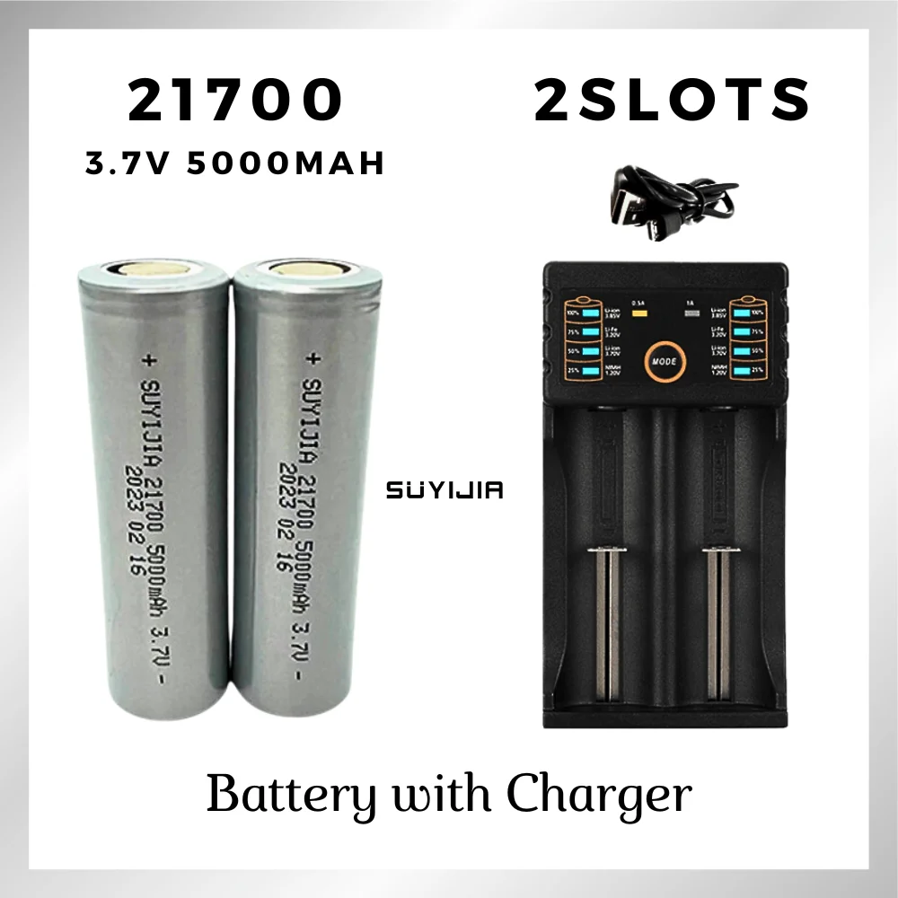 

21700 3.7V 5000mAh 2Pcs Lithium-ion Rechargeable Battery 35A High Current Internal Resistance10-15mohm with 2Slots Smart Charger