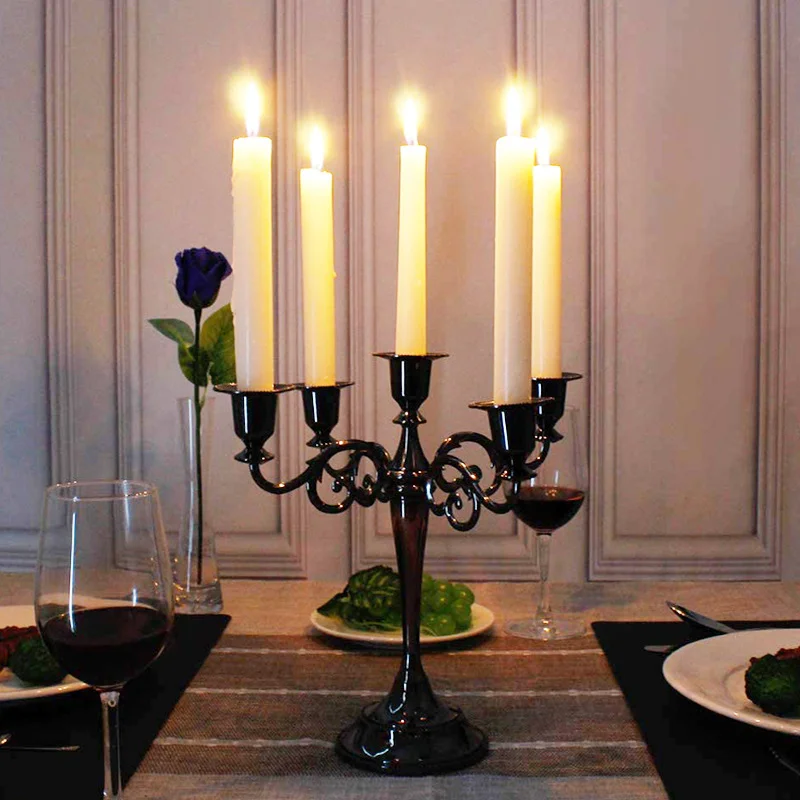

Silver Gold Black Bronze Metal Candle Holder Retro 5 Arms Candle Holder Dinner Hotel Home Decor Romantic Retro Candlestick
